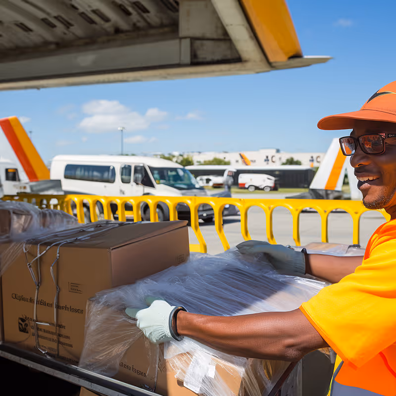 Worker in orange uniform and gloves handling wrapped boxes on an airport luggage conveyor with airplanes and vehicles in the background.