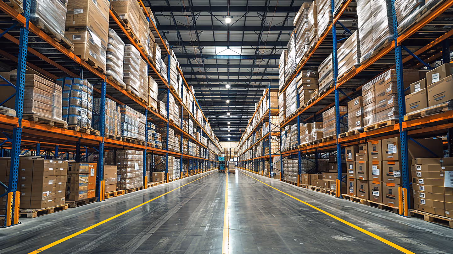 Wide aisle in a large warehouse with tall racks fully stocked with boxes and pallets on both sides.