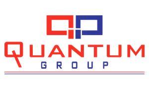 Red and blue stylized QP logo above the bold red text Quantum Group with a thin blue and red underline.