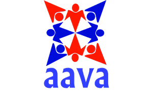 AAVA logo with interlocking red and blue figures forming a star above the text aava.