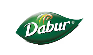 Dabur logo in white text on a green leaf-shaped background with a stylized orange mark above.