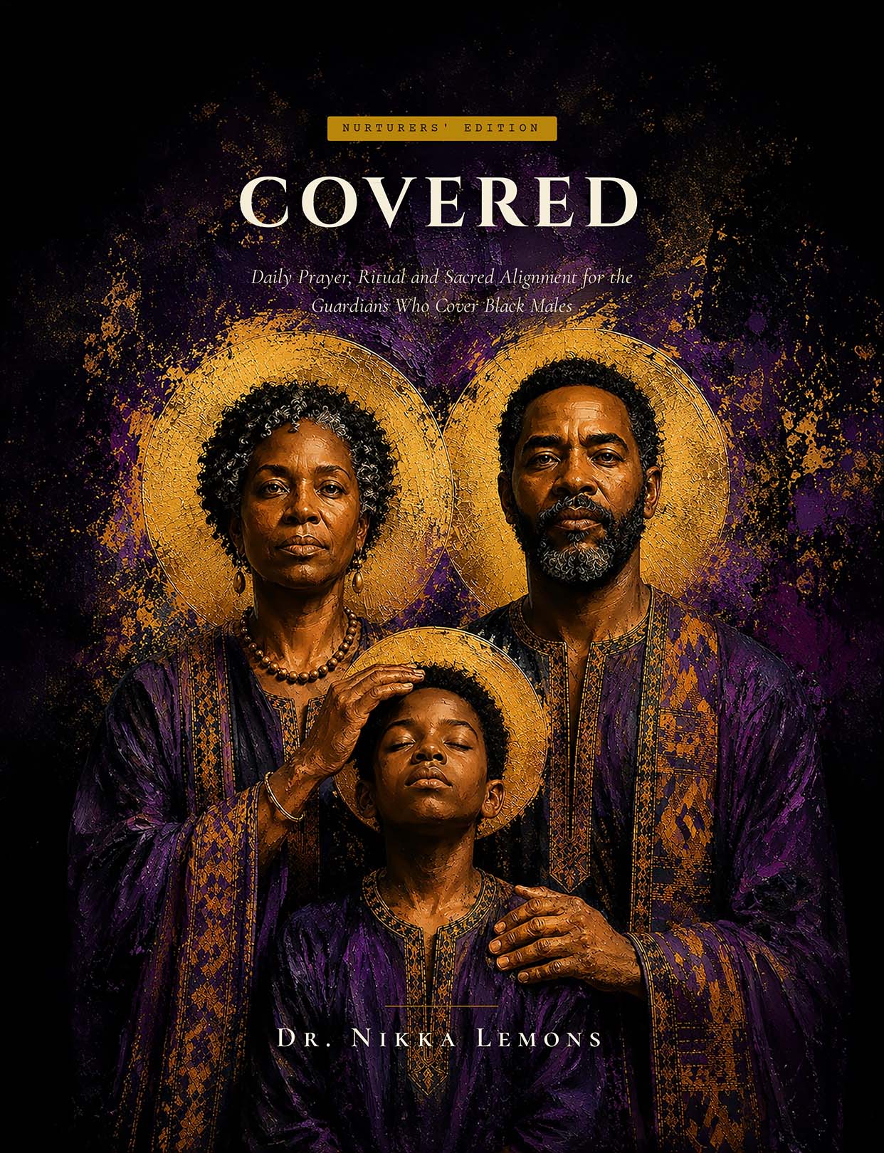 COVERED Nurturers Edition cover painting. An elder woman with a gold halo rests her hand on the head of a child who also carries a halo.