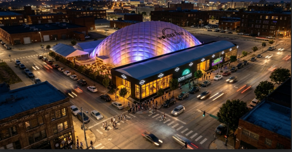 DomeVerse aerial view of immersive dome venue at night