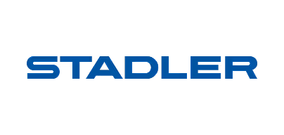 Blaues Stadler Firmenlogo auf schwarzem Hintergrund.