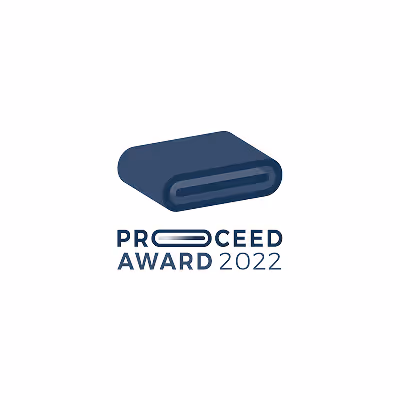 Logo des Proceed Award 2022 mit stilisiertem dunkelblauem Preisobjekt über dem Text.