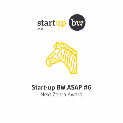 Start-up BW ASAP Logo mit gelbem Zebrakopf und Text Next Zebra Award.