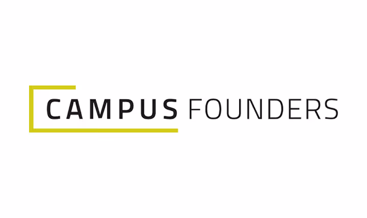 Logo mit dem Text 'CAMPUS FOUNDERS' in Großbuchstaben, wobei CAMPUS von einem gelbgrünen Rahmen zur Hälfte umgeben ist.