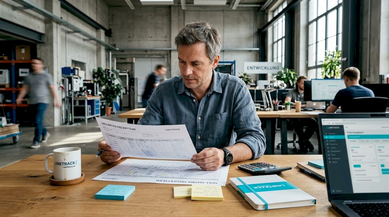 Der Projektleiter wirft einen Blick auf die Skill-Matrix und prüft sie sorgfältig an seinem Arbeitsplatz.