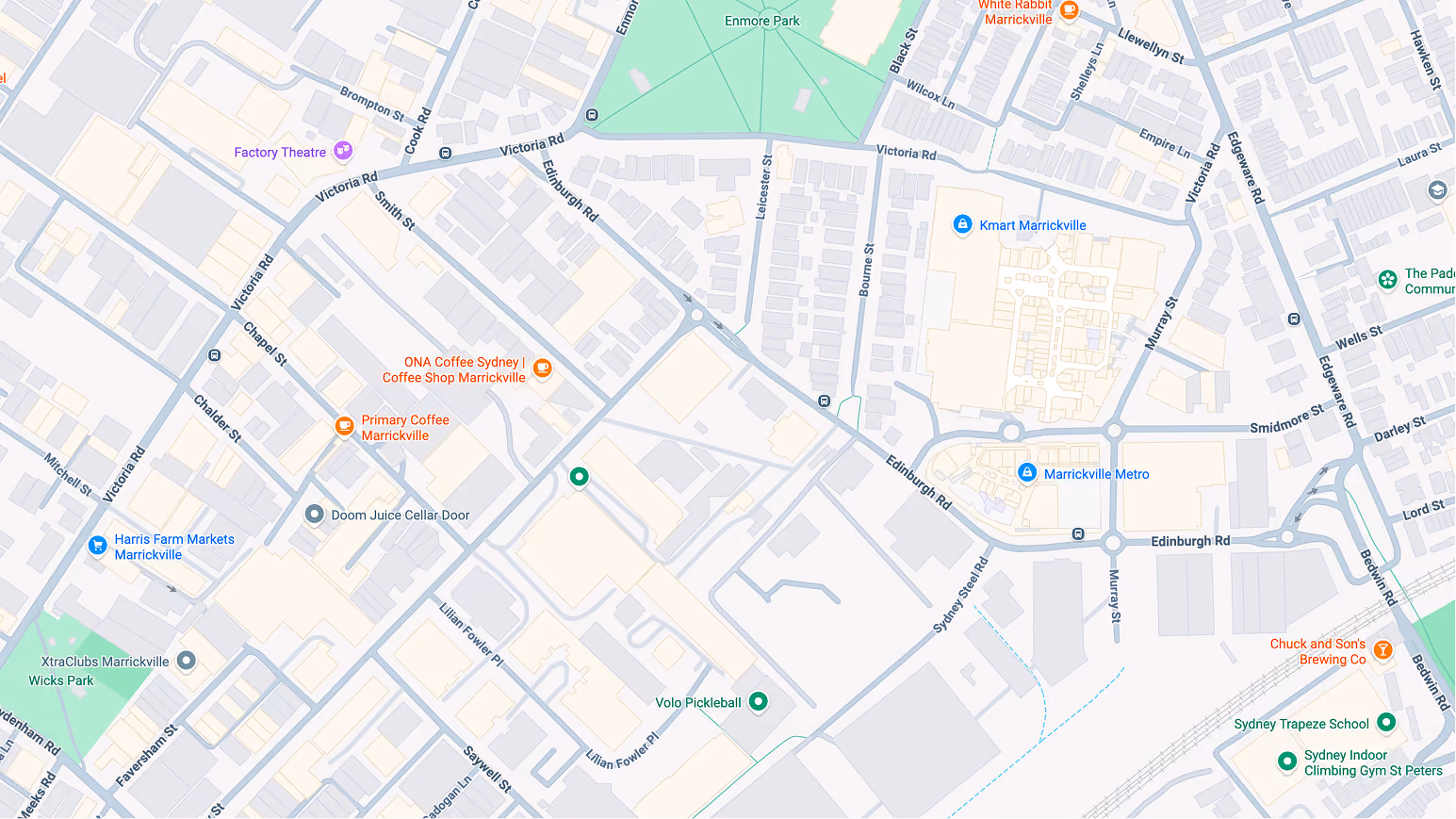 Map of Marrickville, Sydney showing streets, parks, shops, and public transport stops.