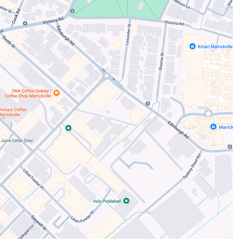 Map of Marrickville showing streets and locations including ONA Coffee, Kmart, and Volo Pickleball.