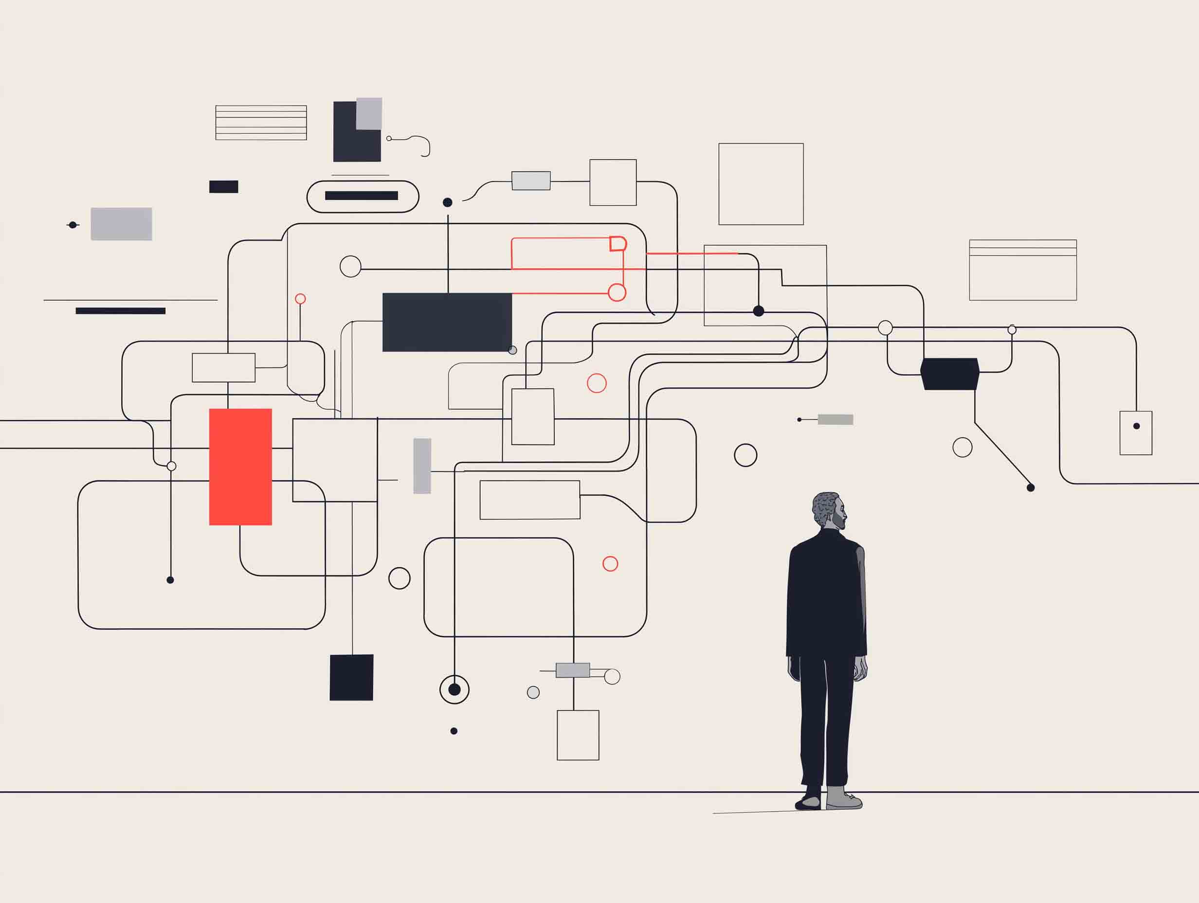 Illustration of a person in dark clothing looking at interconnected lines and geometric shapes on a light background, representing data or network connections.