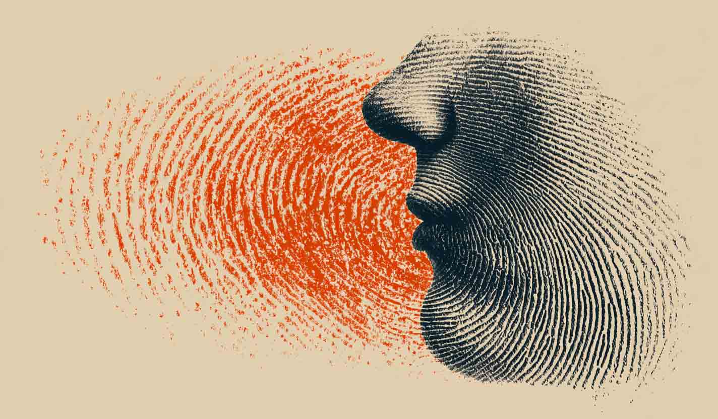 Illustration of a human face profile formed by fingerprint patterns with an orange fingerprint swirl behind it.