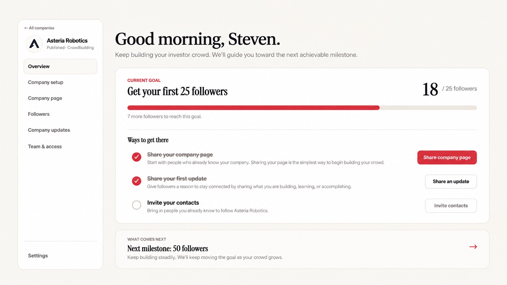 Asteria Robotics followers dashboard on EquityCF