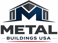 Logo of Metal Buildings USA featuring a stylized dark blue and gray metal building roof above the company name.