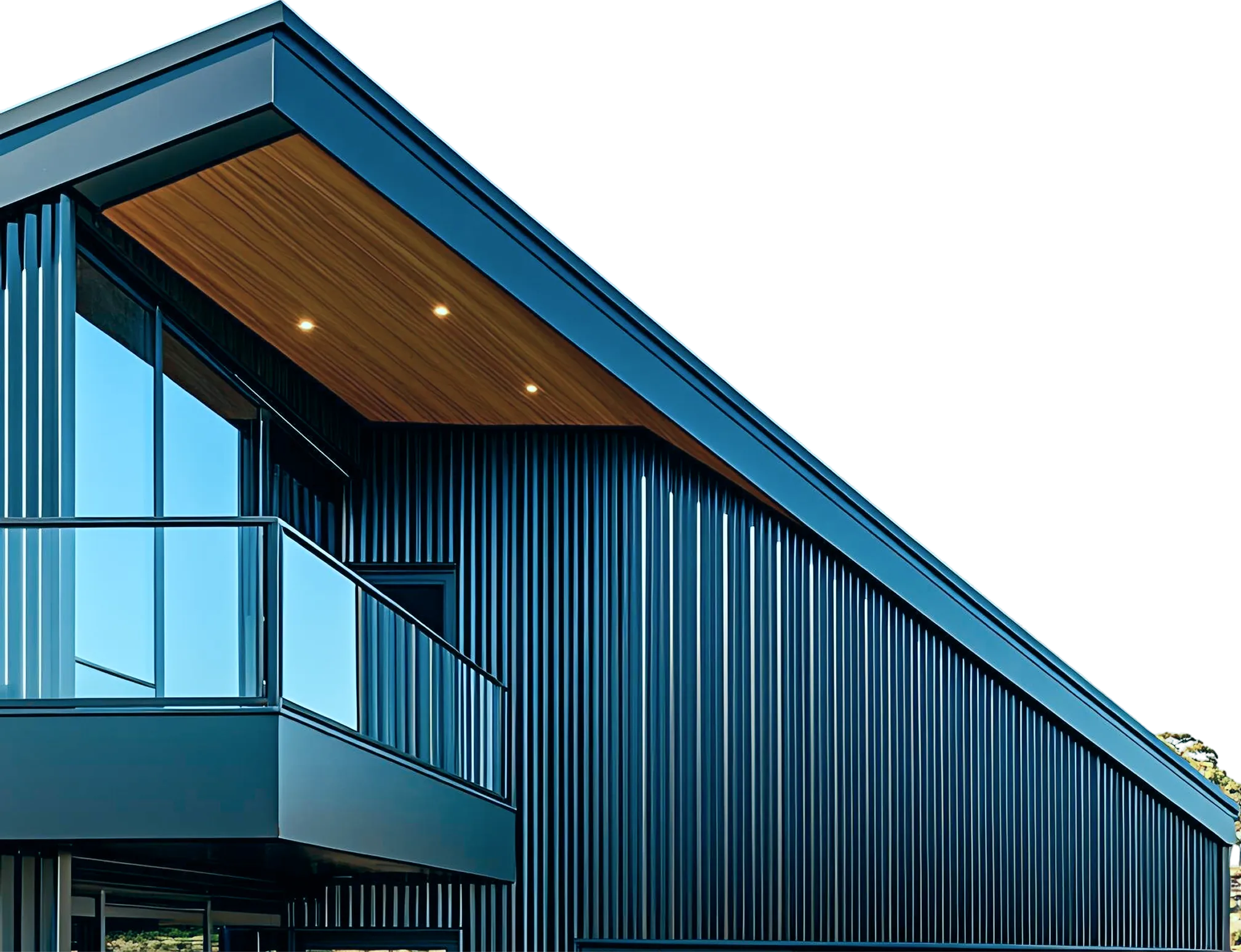 Modern building with vertical black metal siding, glass balcony, and wood-paneled ceiling with recessed lights.
