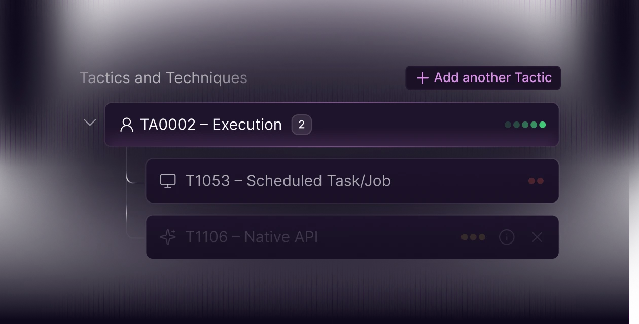 User interface displaying tactics and techniques with a main tactic labeled 'TA0002 – Execution' and two sub-techniques: 'T1053 – Scheduled Task/Job' and 'T1106 – Native API'.