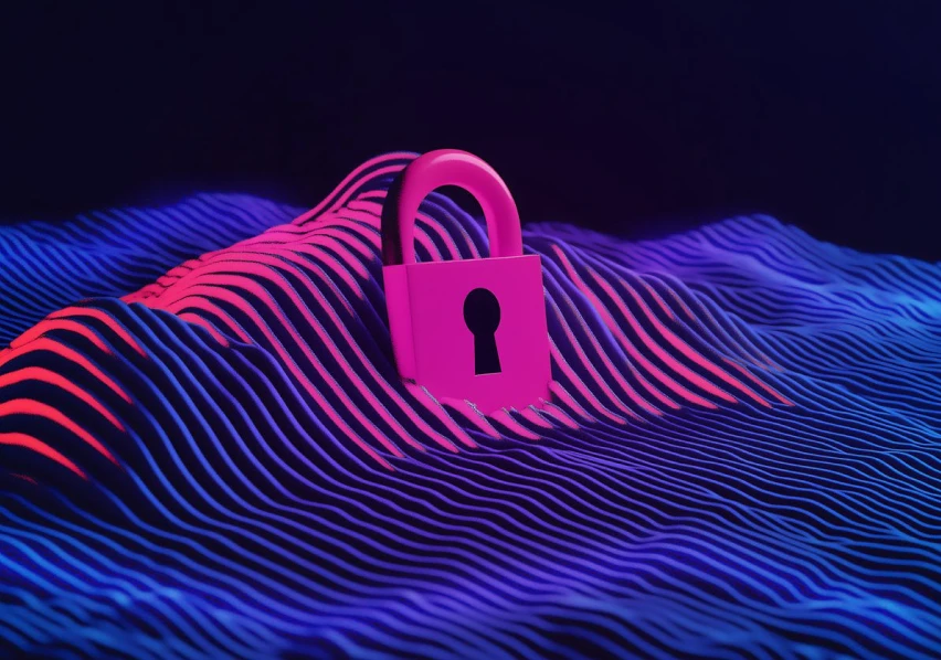 Pink padlock embedded in a flowing digital wave pattern with blue and pink neon stripes representing data security.