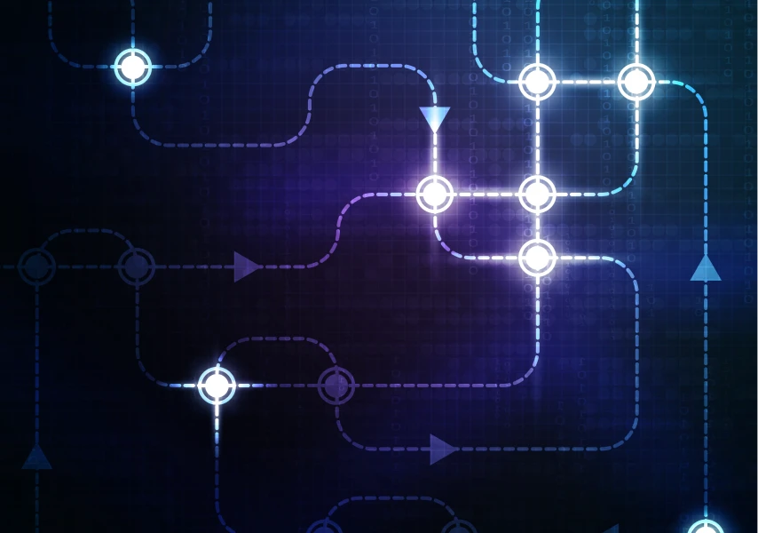Glowing network of interconnected lines with circular nodes and arrows on a dark blue digital background.