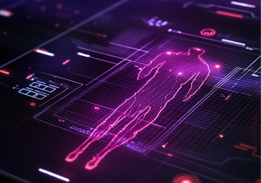 Digital neon outline of a human figure with highlighted points on a futuristic interface background.
