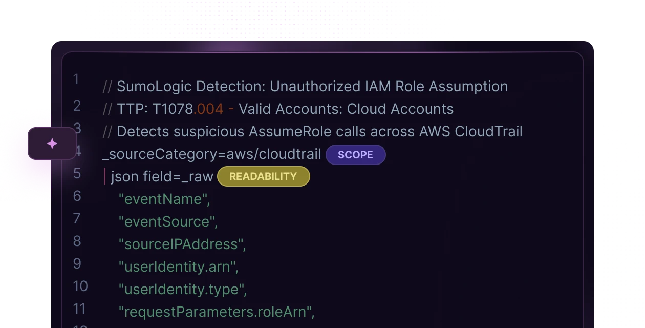Code snippet showing JSON-like structure for a Postgres counts testing query with metadata filters for 'Cylance' and 'Protect' products and severity ranges, with a purple 'Submit for Review' button.