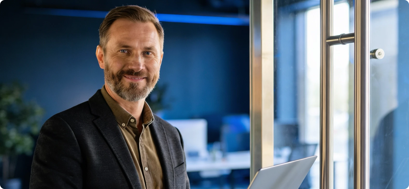 Three coworkers conversing in a modern office at night, each holding a coffee mug.