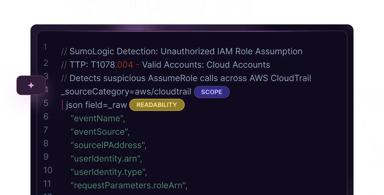 Code snippet showing JSON-like structure for a Postgres counts testing query with metadata filters for 'Cylance' and 'Protect' products and severity ranges, with a purple 'Submit for Review' button.