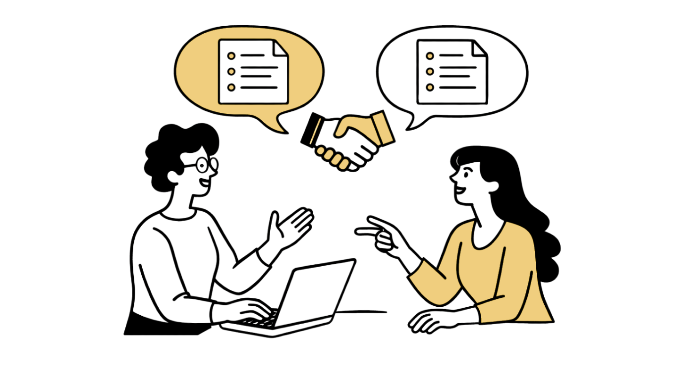 Illustration of two people in discussion reaching an agreement, with a handshake in the middle