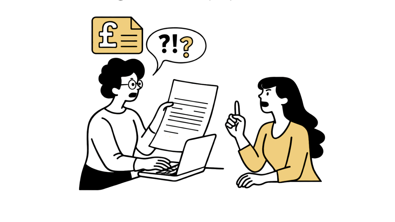 Illustration of two people in a dispute looking at a piece of paper, with a pound sign icon next to the person holding the document