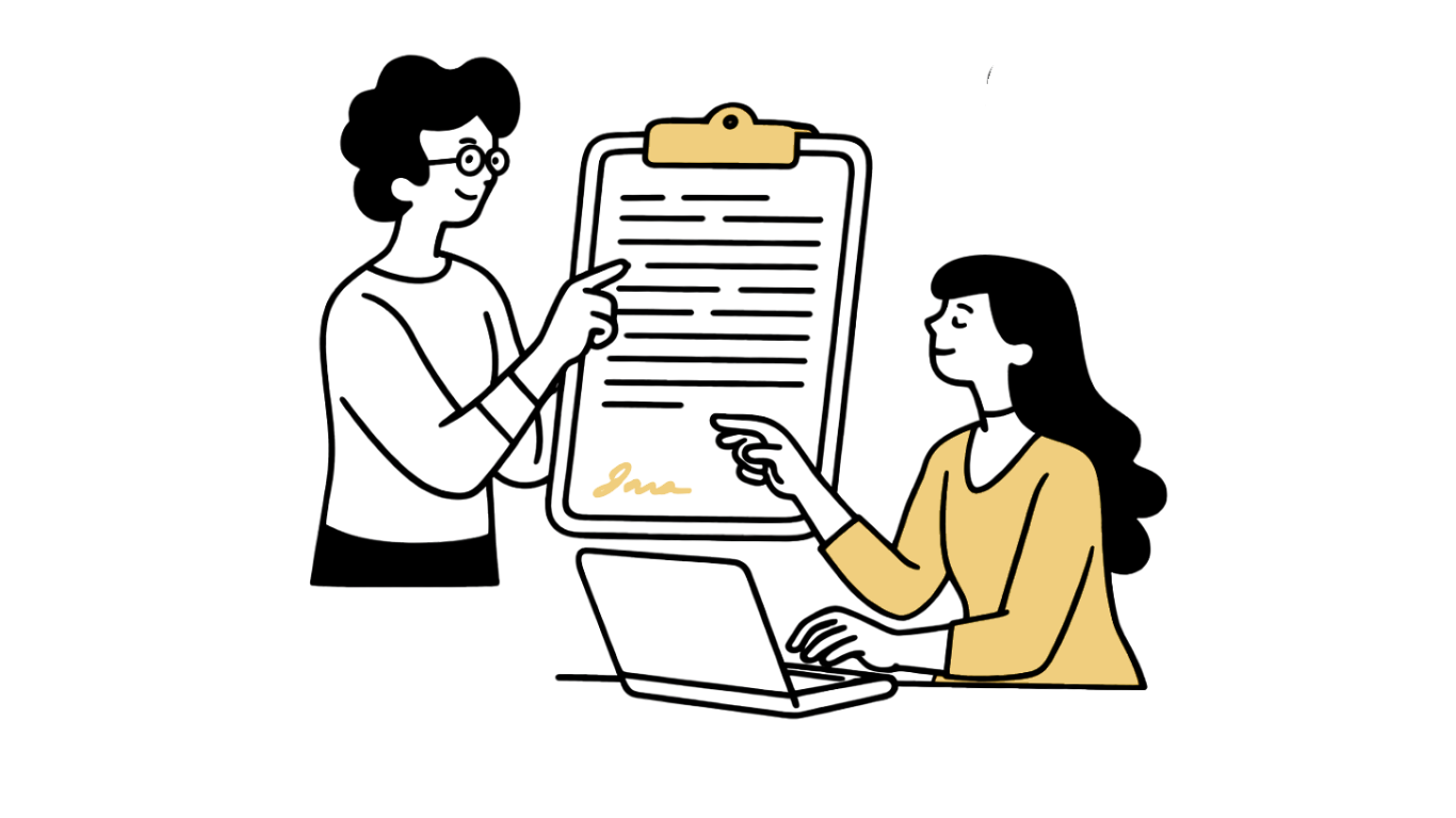 Illustration of two people pointing at a signed contract, with one person on a laptop