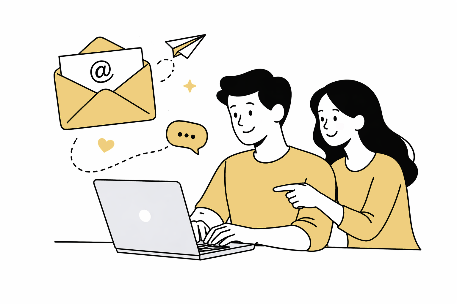 Illustration of two people on a laptop with an envelope and paper airplane indicating a message has been sent