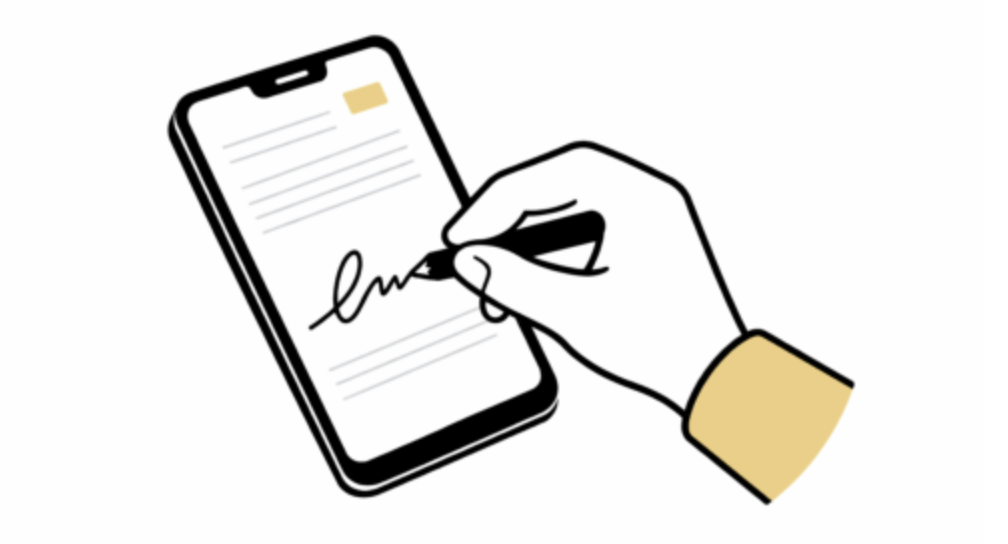 Illustration of a hand signing on a phone digitally