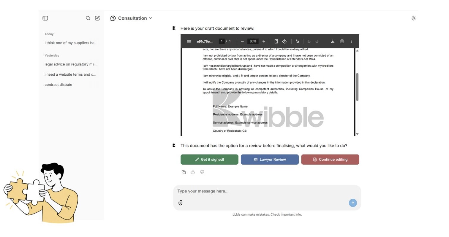image of Kwibble chat with a draft letter generated. Below it are three buttons with the options: get it signed, lawyer review and continue editing