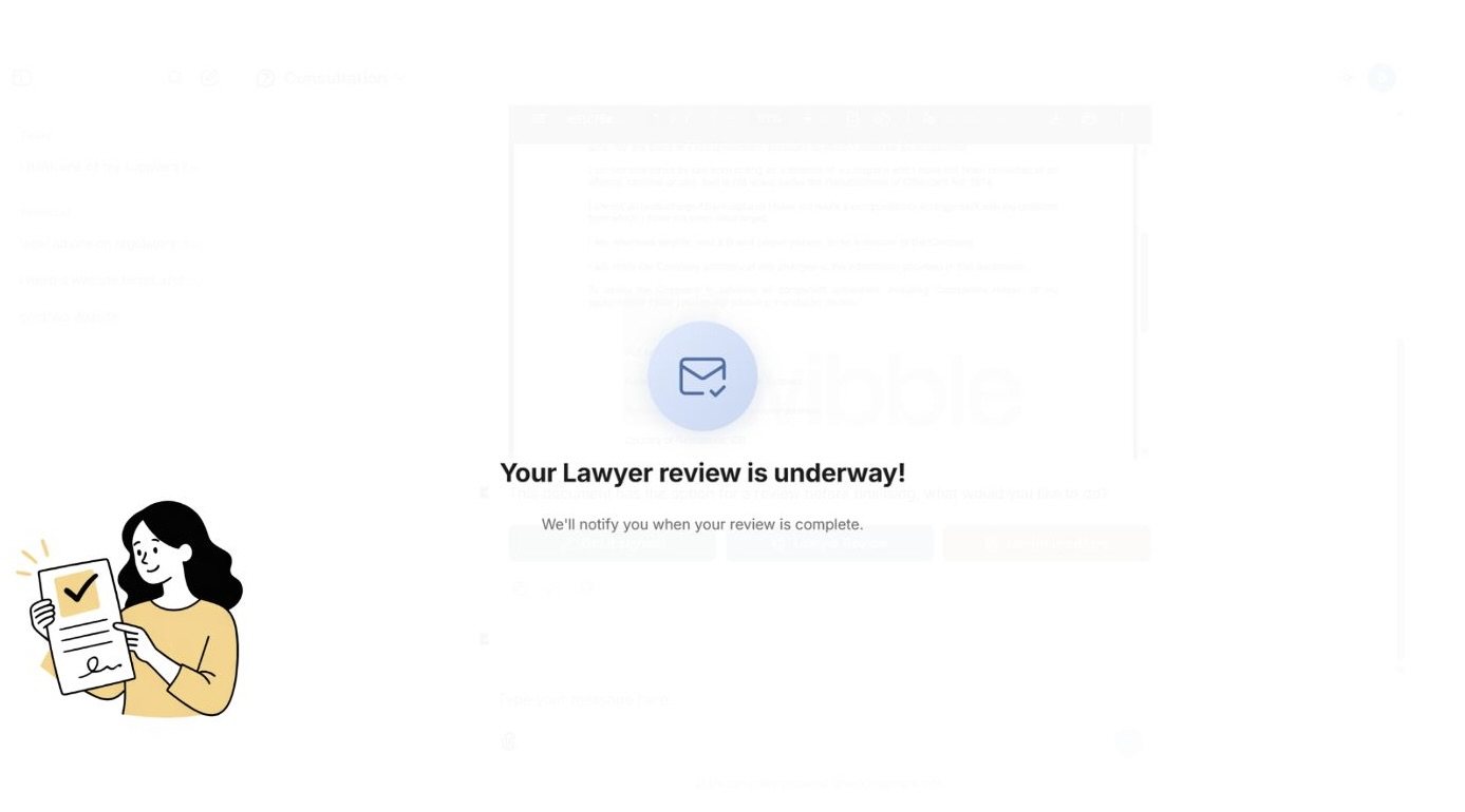 image of Kwibble chat, with a message icon that reads: Your lawyer review is underway