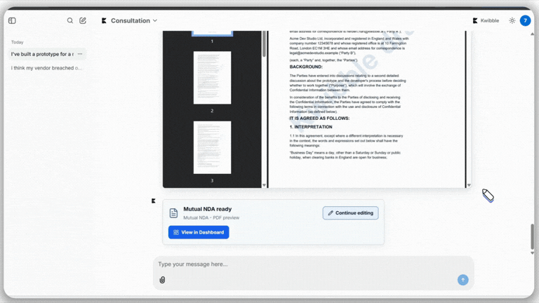 image of Kwibble chat, with a message icon that reads: Your lawyer review is underway
