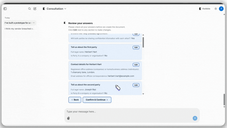 image of Kwibble chat with a draft letter generated. Below it are three buttons with the options: get it signed, lawyer review and continue editing