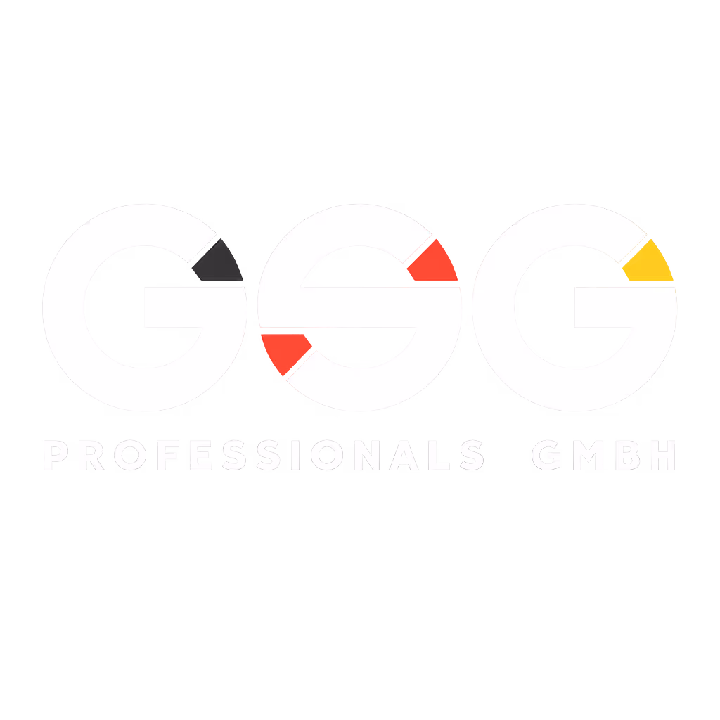Logo with the letters GSG in white, each letter featuring a small colored triangular segment in black, red, and yellow, above the text PROFESSIONALS GMBH.