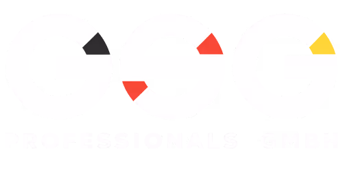 Logo with white letters GSG, featuring black, red, and yellow accents, above text 'Professionals GmbH'.