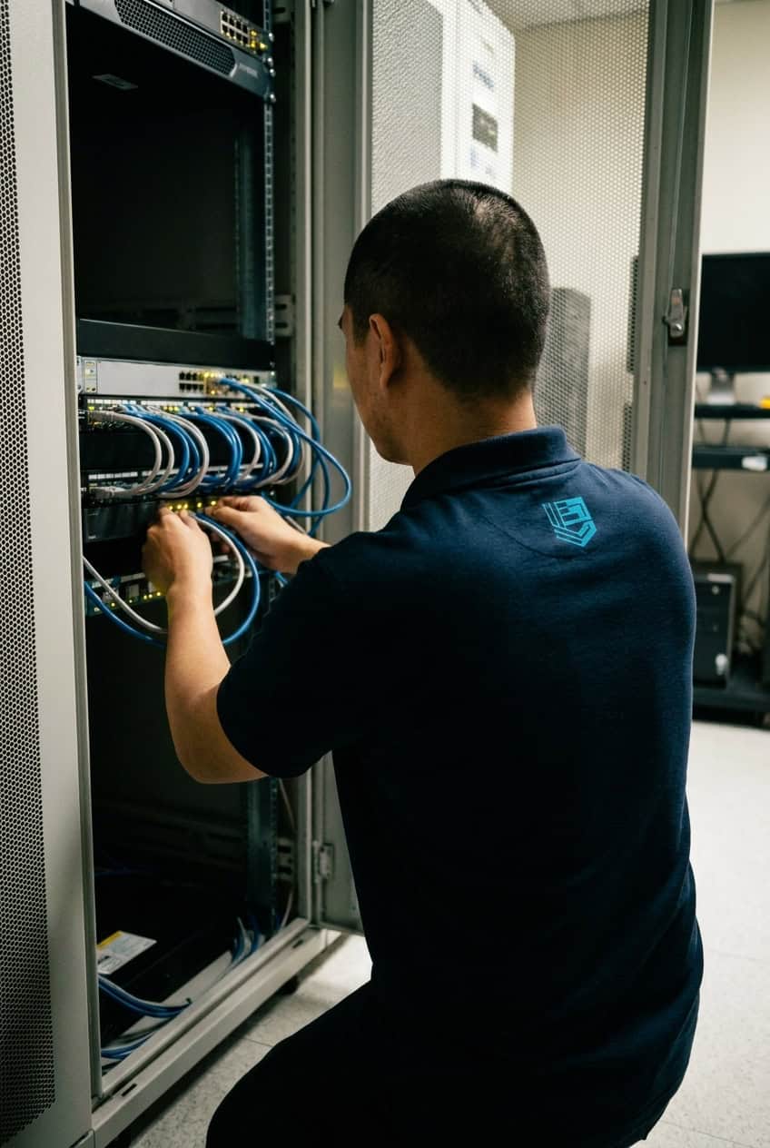 Elscomm technician cabling a server rack