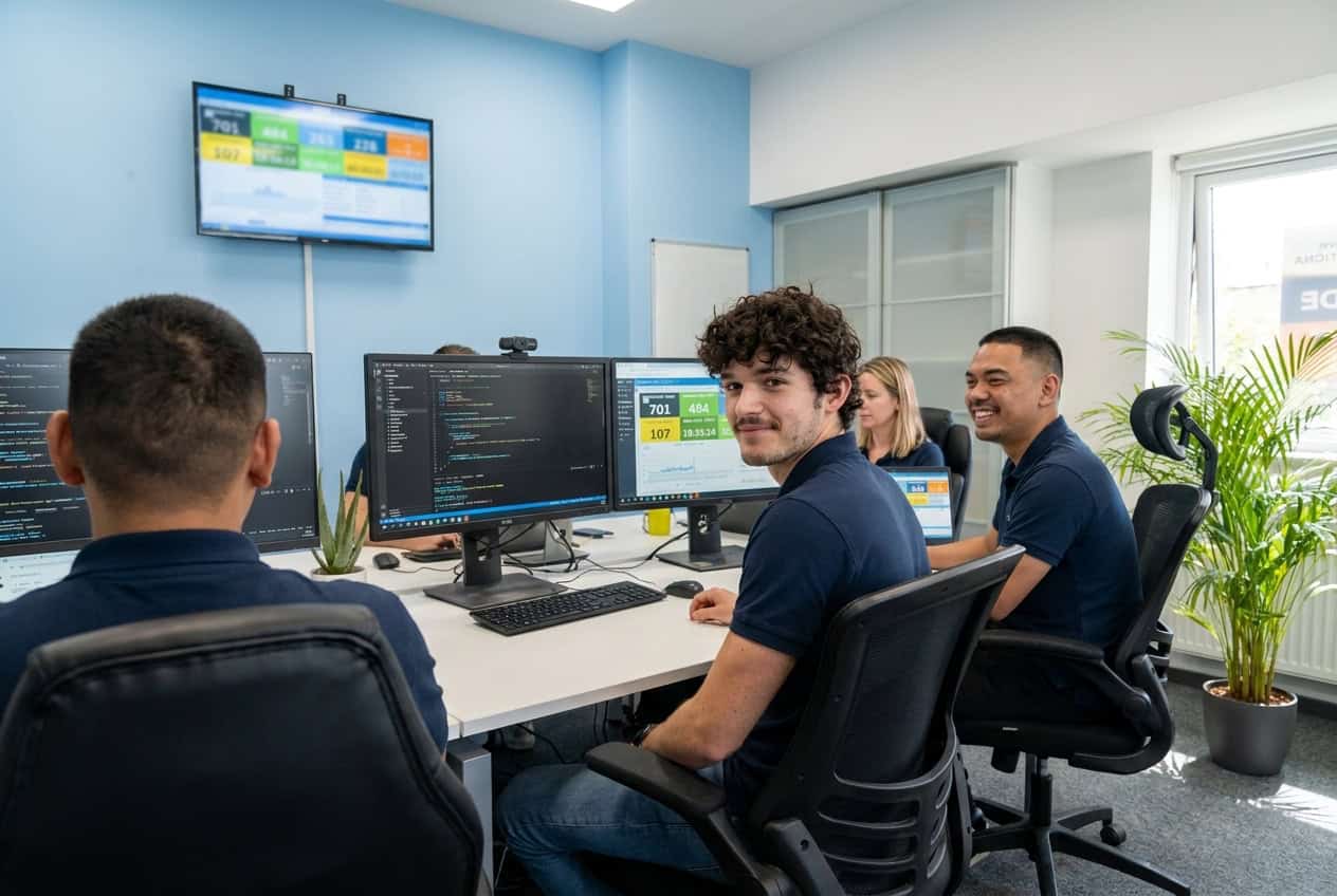 Elscomm support team working together at their desks in the North Sydney office