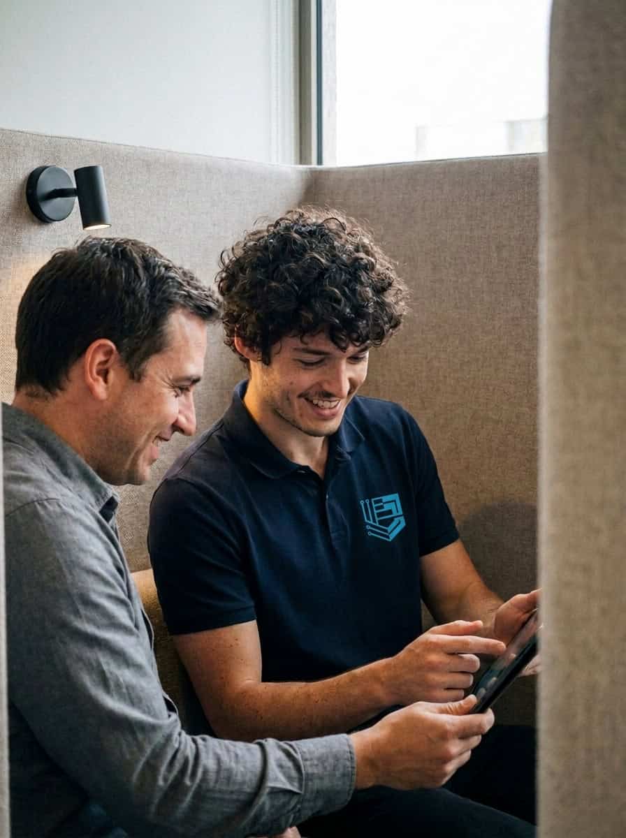 Two Elscomm team members reviewing client information on a tablet