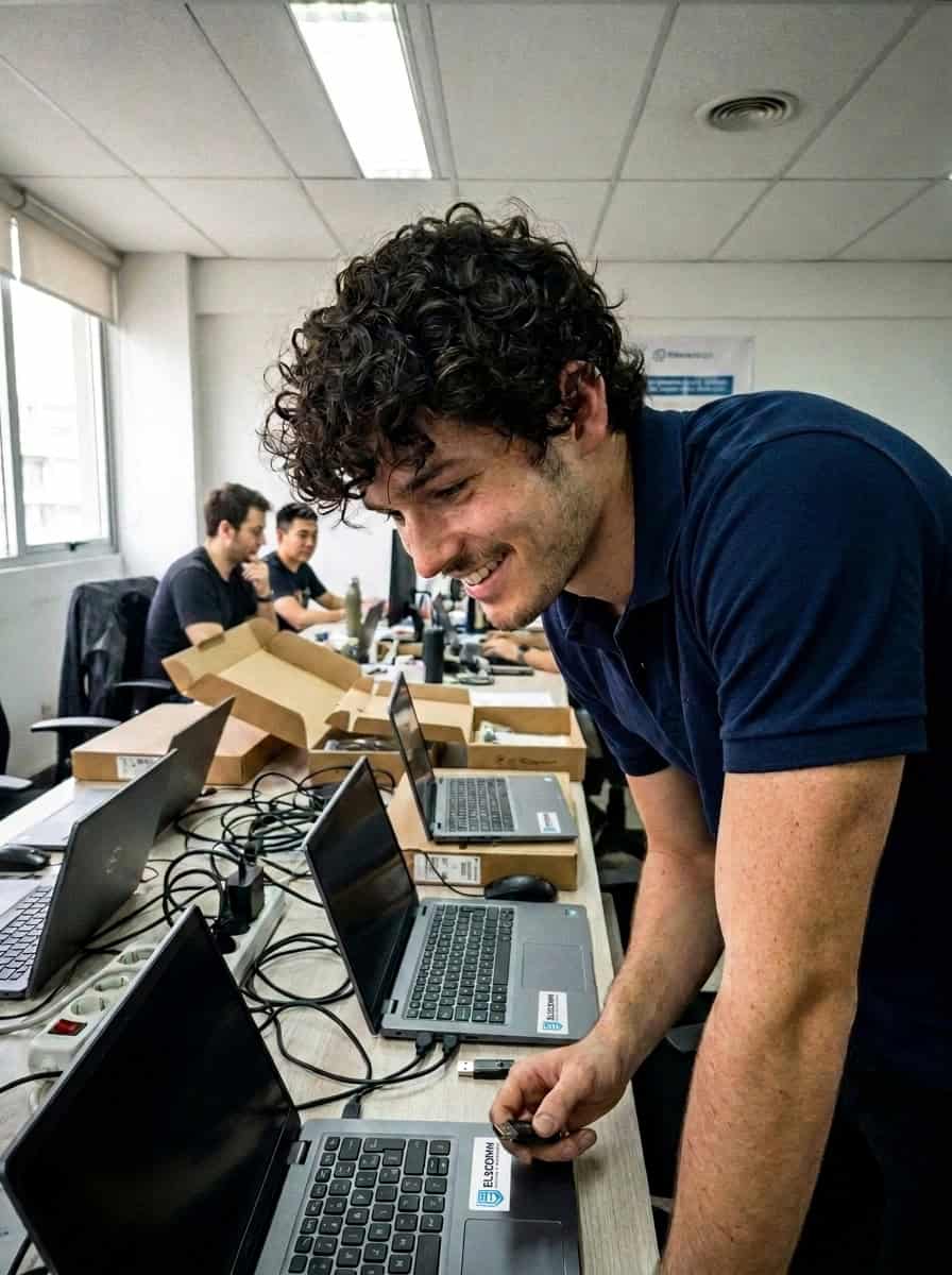 Elscomm technician in uniform working on a laptop at a client site