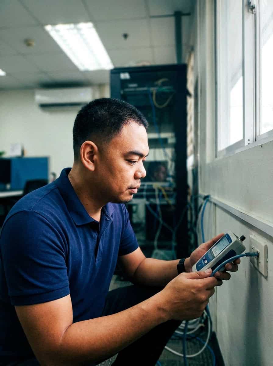 Elscomm engineer checking hardware in front of a server rack