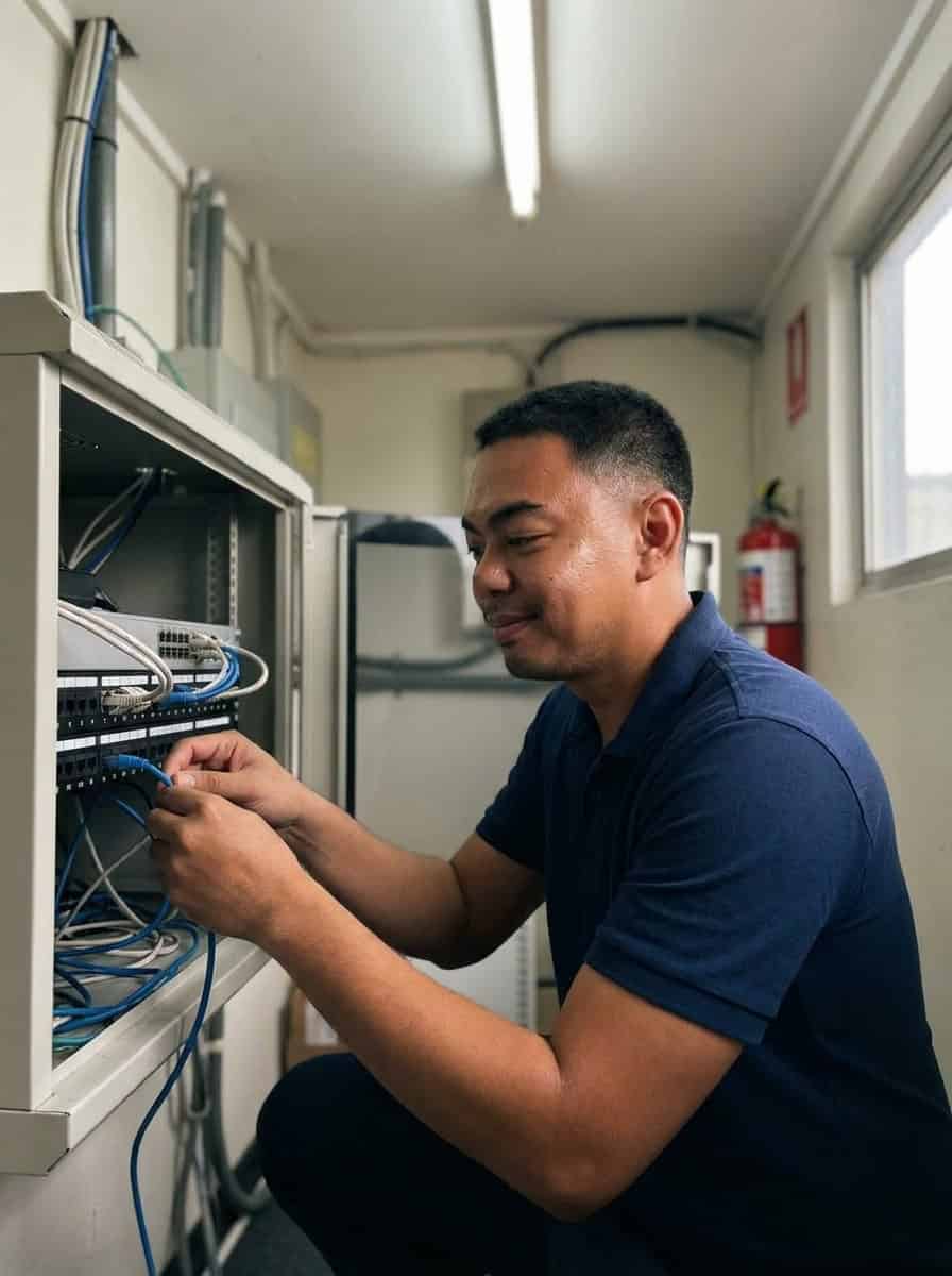 Elscomm technician terminating network cabling in a comms cupboard