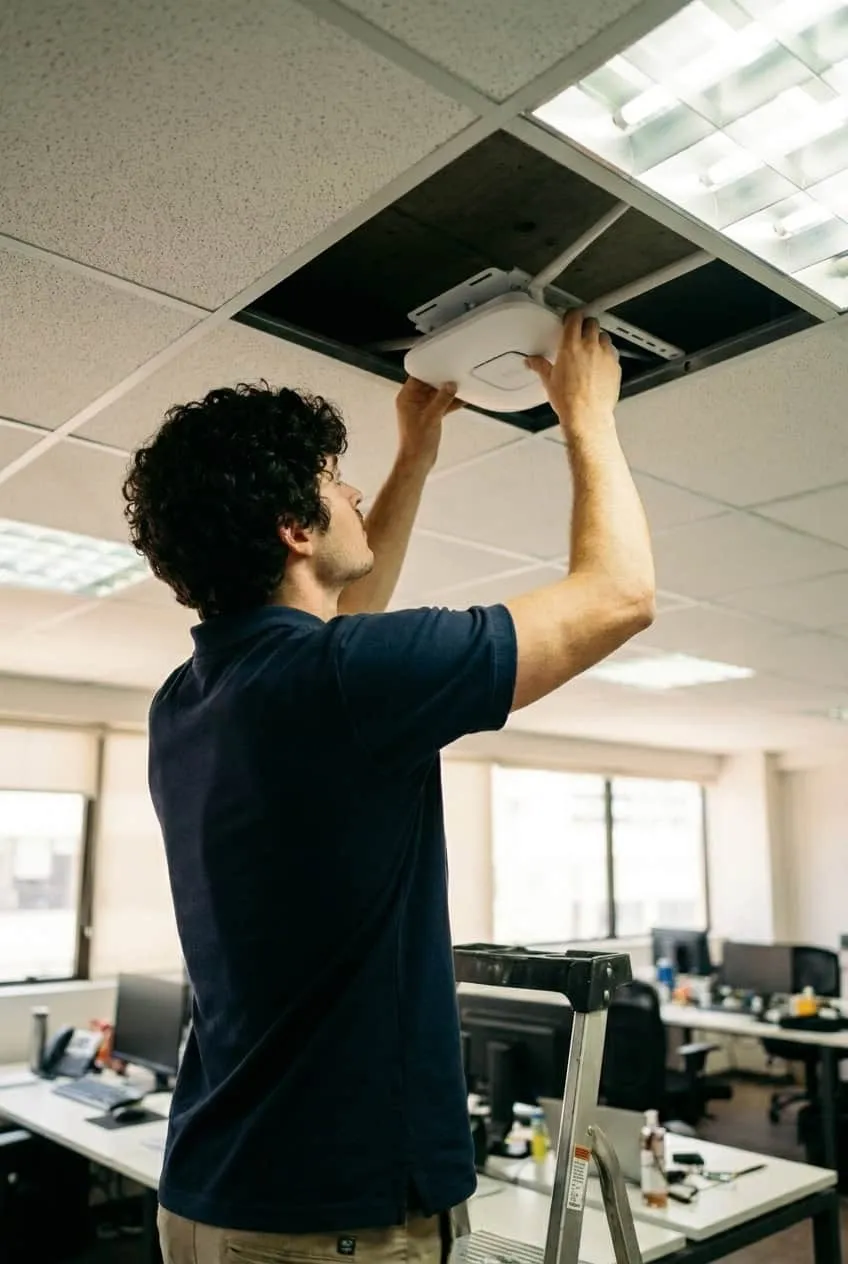 Elscomm technician installing a ceiling mounted wireless access point
