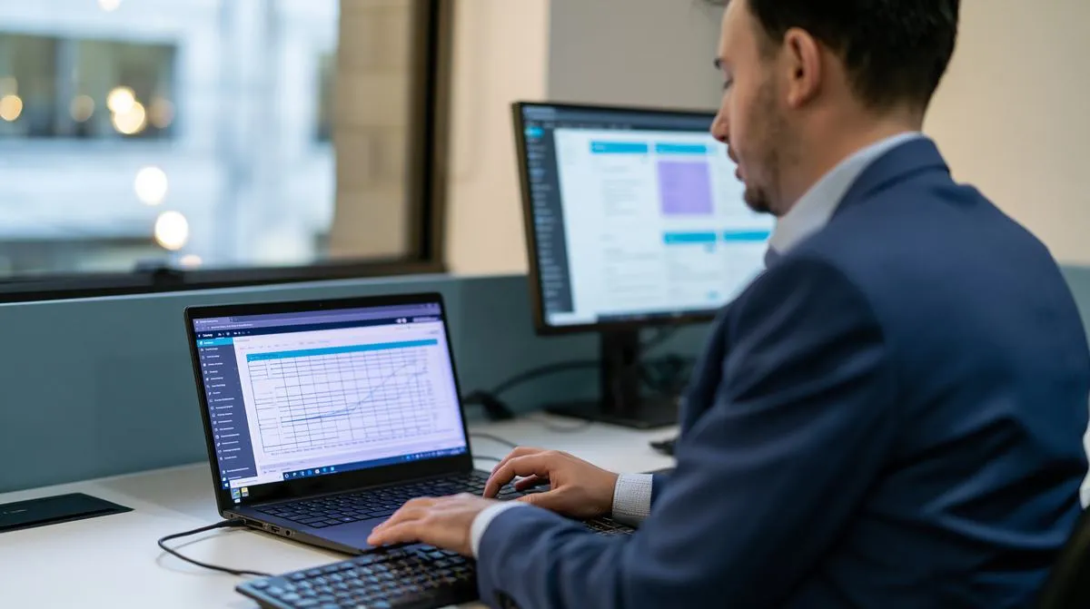 Elscomm engineer reviewing infrastructure performance dashboards on a laptop and monitor