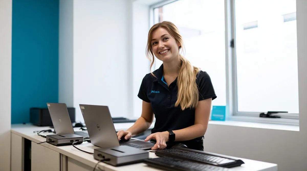 Elscomm consultant reviewing an automation workflow on a laptop