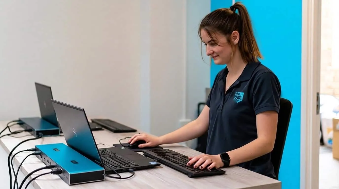 Elscomm technician setting up a client's laptop at her desk