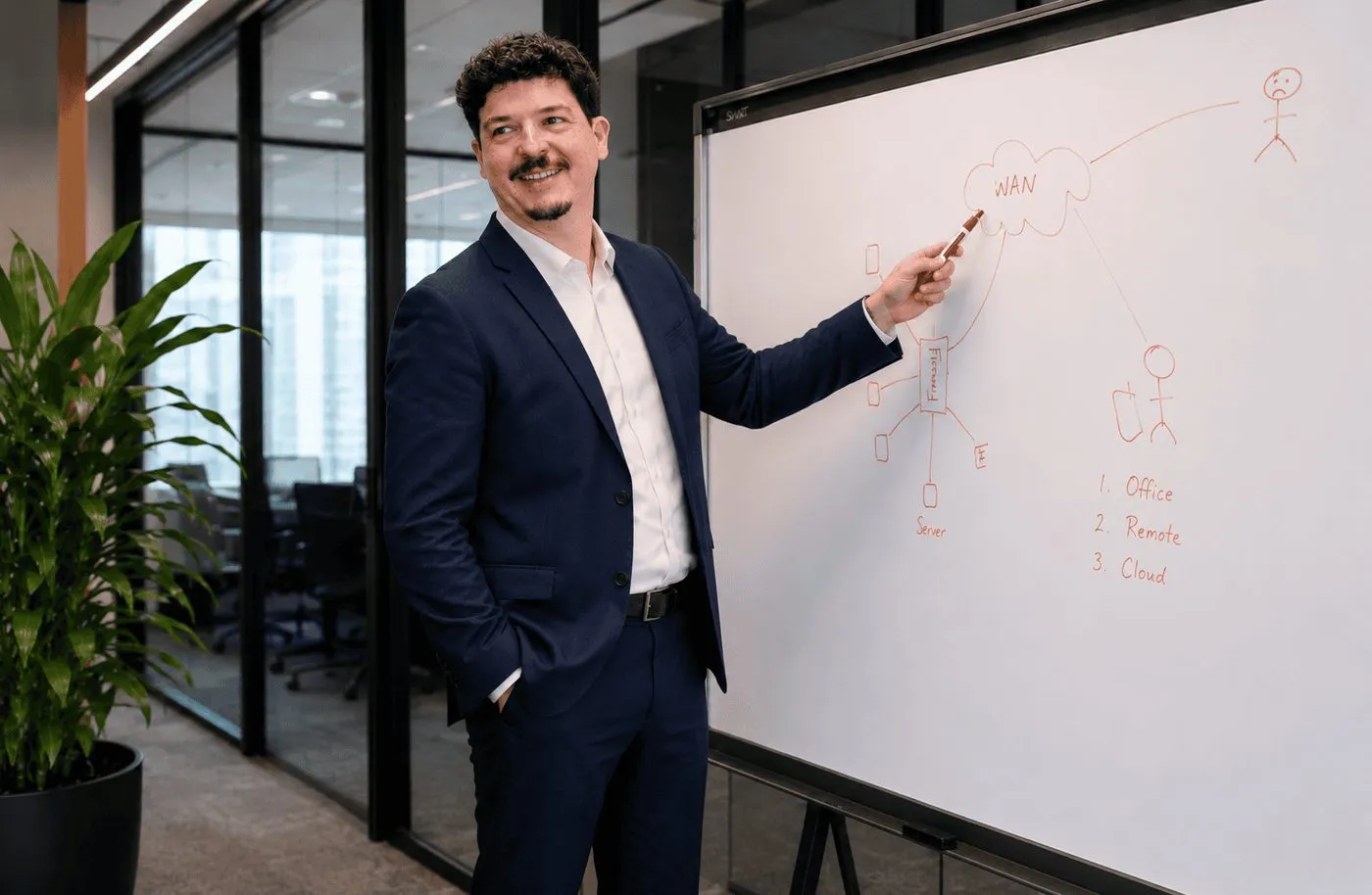 Rene sketching out an IT plan on a whiteboard
