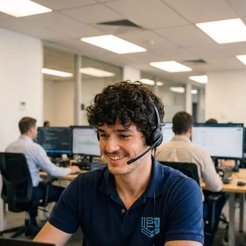Elscomm engineer taking a support call at the help desk