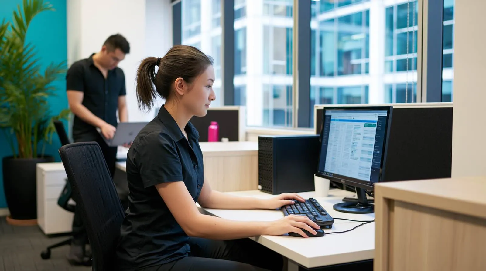Elscomm team member managing cloud accounts at her desk